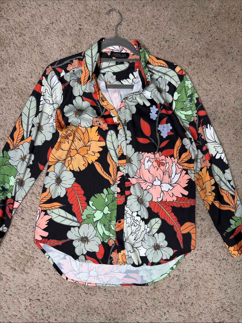 Rachel Zoe Black Floral Button-Down Shirt with Orange, Pink & Green Blooms S